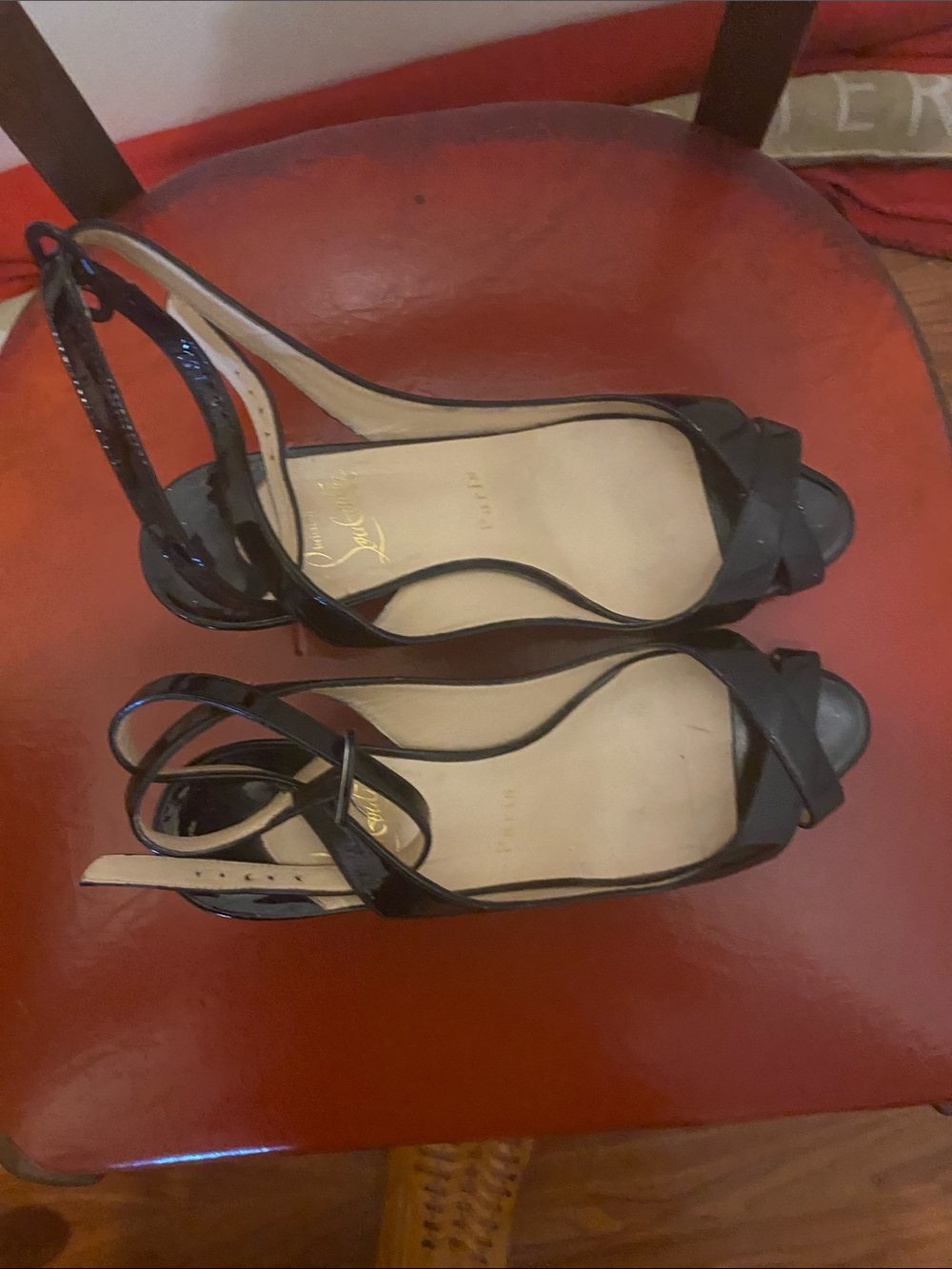 Christian Louboutin Black Patent Leather Slingback Peep-Toe Heels